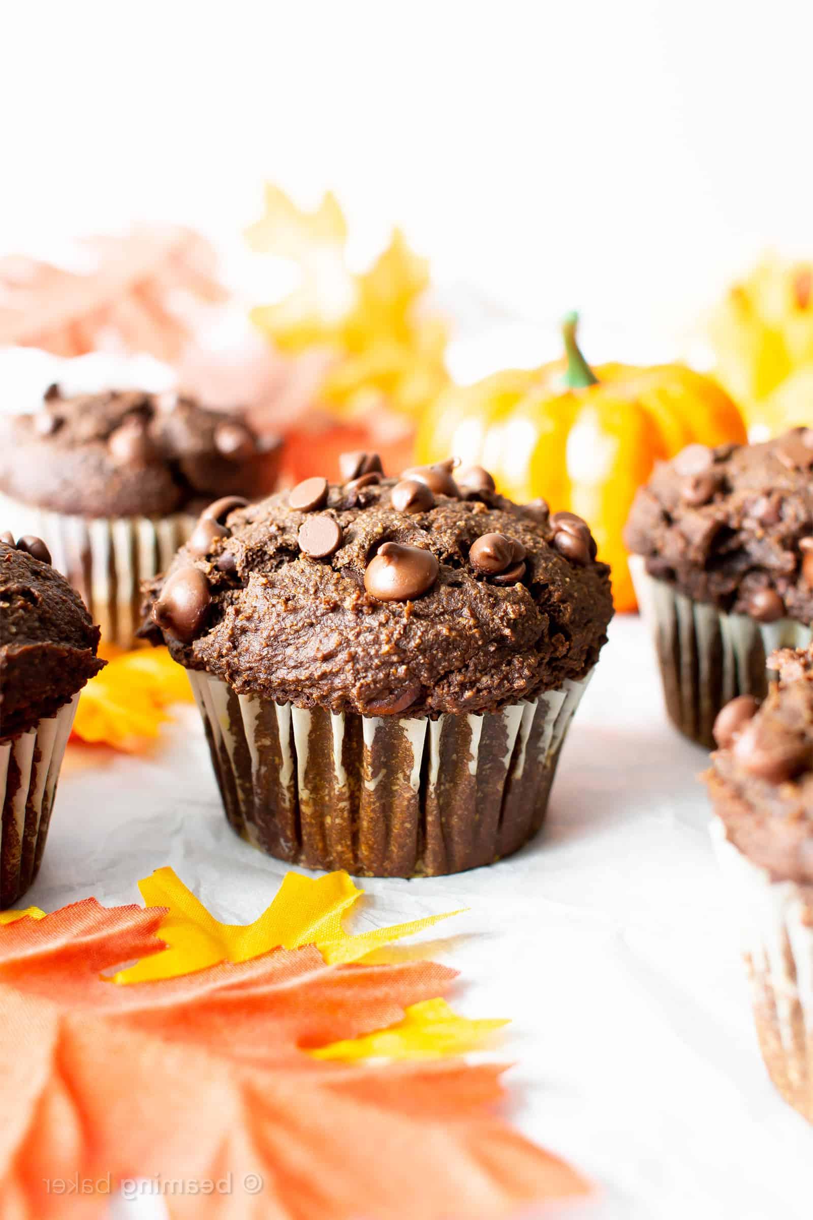 Saftige vegane glutenfreie Schoko-Kürbis-Muffins, reich an Herbst-Aromen und gesunden Zutaten. Ein einfaches Ein-Schüssel-Rezept.