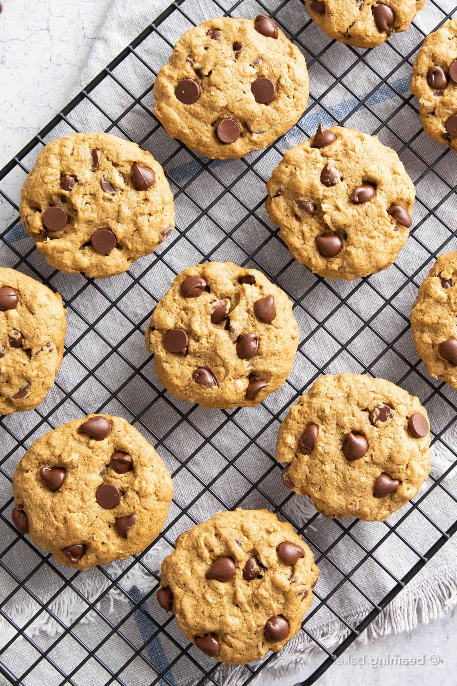 Closeup of oat flour chocolate chip cookies on black cooling rack