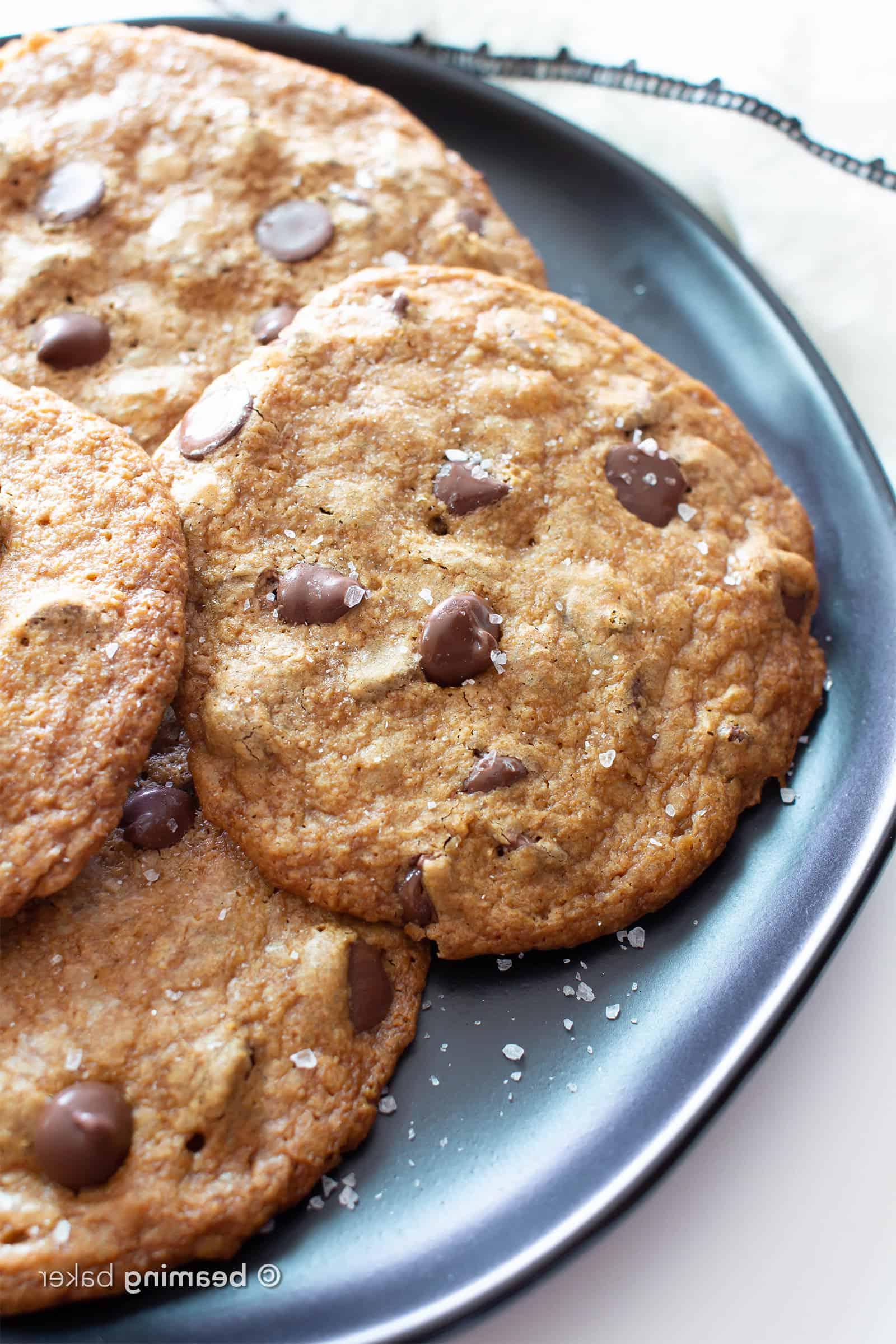Knusprige Vegane & Glutenfreie Meersalz-Schokoladenkekse: SUPER dünne vegane Schokoladenkekse, die durch und durch knusprig sind. Bestreut mit funkelndem Meersalz: die BESTEN süß-salzigen glutenfreien Schokoladenkekse! #GlutenFrei #Vegan #Kekse #Weihnachten #GlutenFreiVegan | Rezept auf BeamingBaker.com