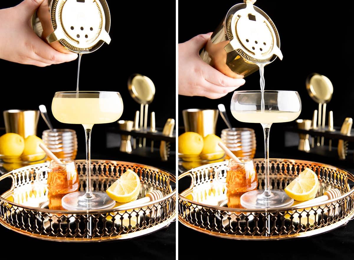 Bienenkniee-Cocktail 3 Zwei Fotos, die zeigen, wie man einen Bee’s Knees Cocktail zubereitet – Cocktail in ein Glas abseihen
