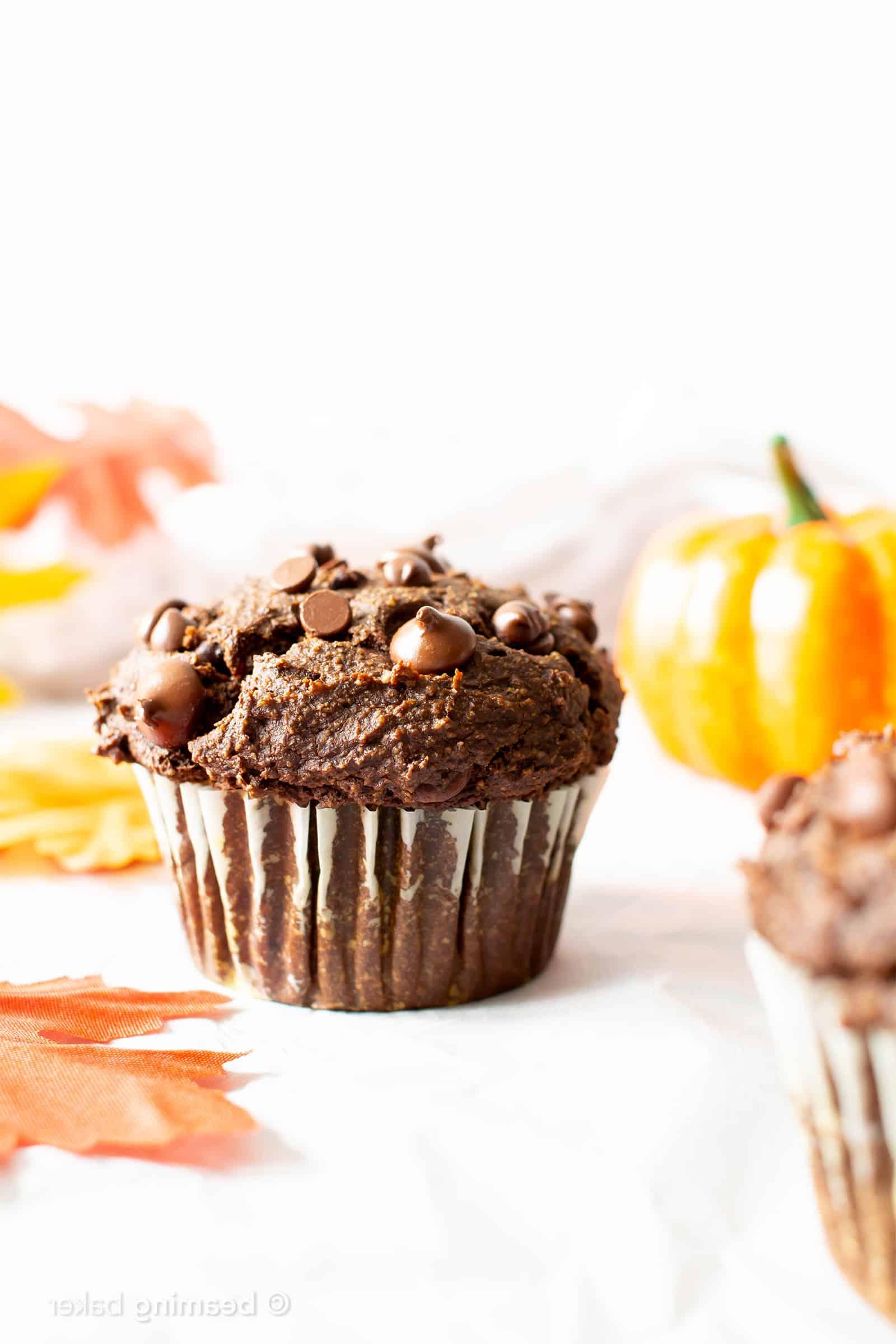Reihe von frisch gebackenen glutenfreien veganen Schoko-Kürbis-Muffins auf einem Backrost. Sie sind bereit zum Genießen.
