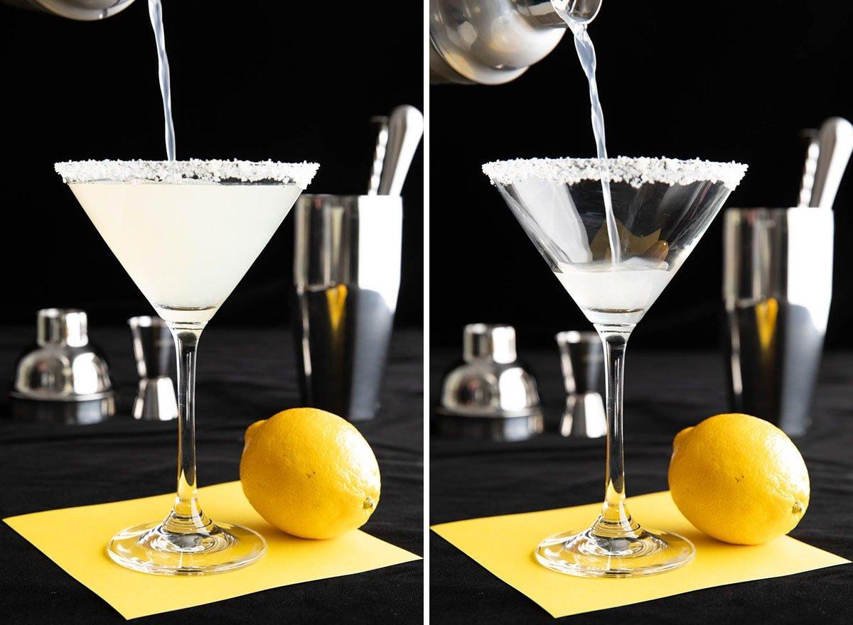 Das beste Lemon Drop Martini Rezept 4 Zwei Fotos zeigen, wie man einen Lemon Drop Martini zubereitet - Gießen und Abseihen der Lemon Drop Mischung in ein Martiniglas.