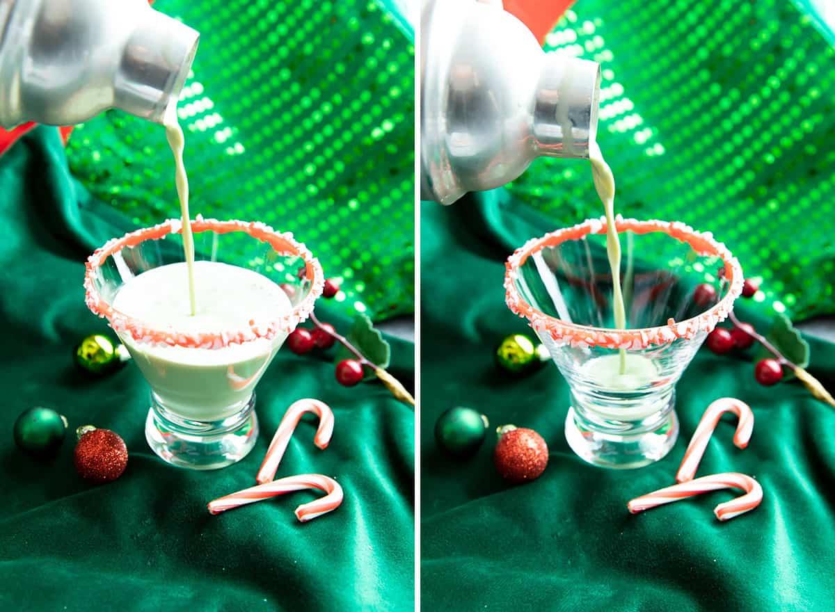 Pfefferminz-Martini 4 Zwei Fotos, die die Zubereitung eines Pfefferminz Martini zeigen – Cocktail aus dem Shaker gießen