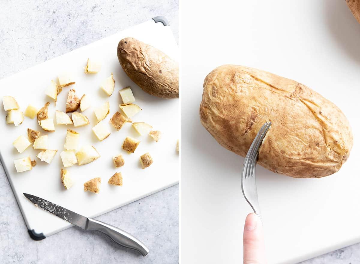 **So werden Frühstückskartoffeln knusprig!** 4 Zwei Fotos, die zeigen, wie man knusprige Frühstückskartoffeln zubereitet – Kartoffeln kochen und hacken
