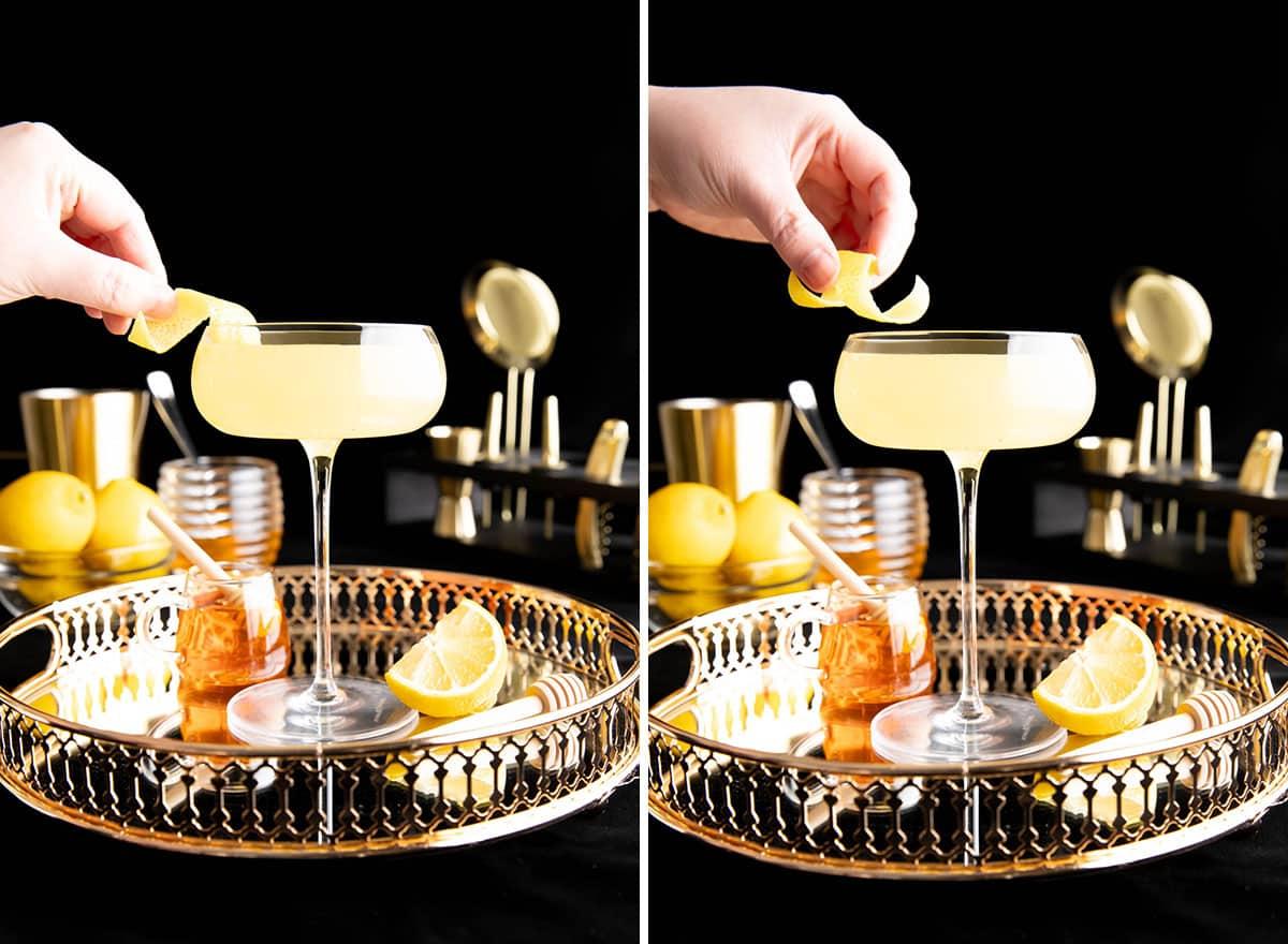 Bienenkniee-Cocktail 4 Zwei Fotos, die zeigen, wie man diesen Drink zubereitet – Garnierung hinzufügen