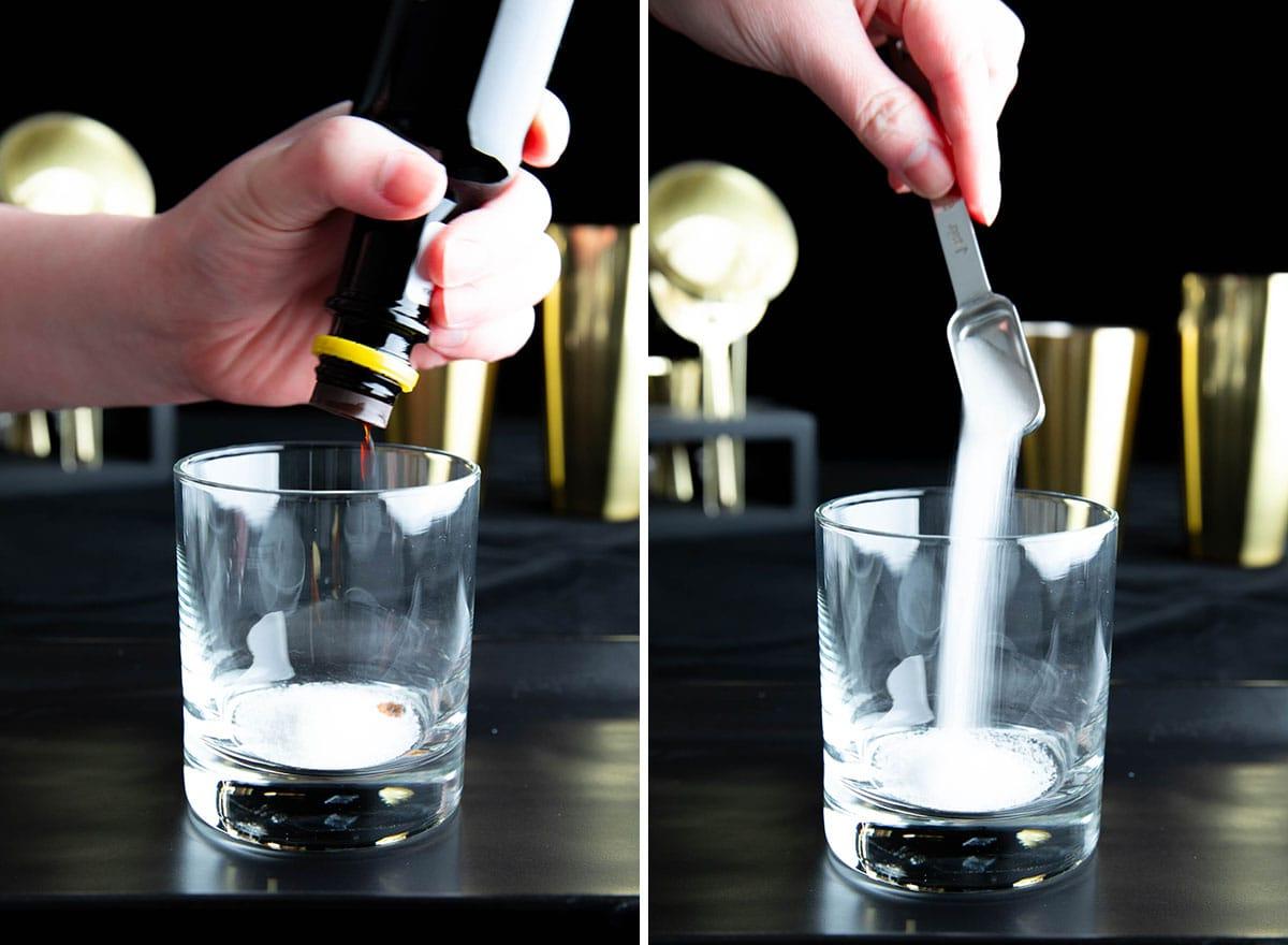 Old Fashioned Getränkerezept 4 Zwei Fotos zur Zubereitung eines Old Fashioned Cocktails: Zucker und Angostura Bitters werden in ein Cocktailglas gegeben