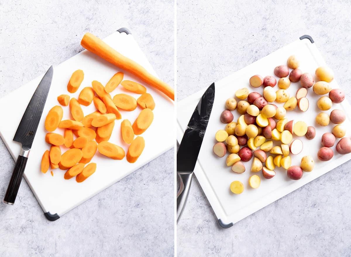 Ofenkartoffeln und Karotten 4 Zwei Fotos, die zeigen, wie man geröstete Kartoffeln und Karotten zubereitet – Karotten und Kartoffeln schneiden