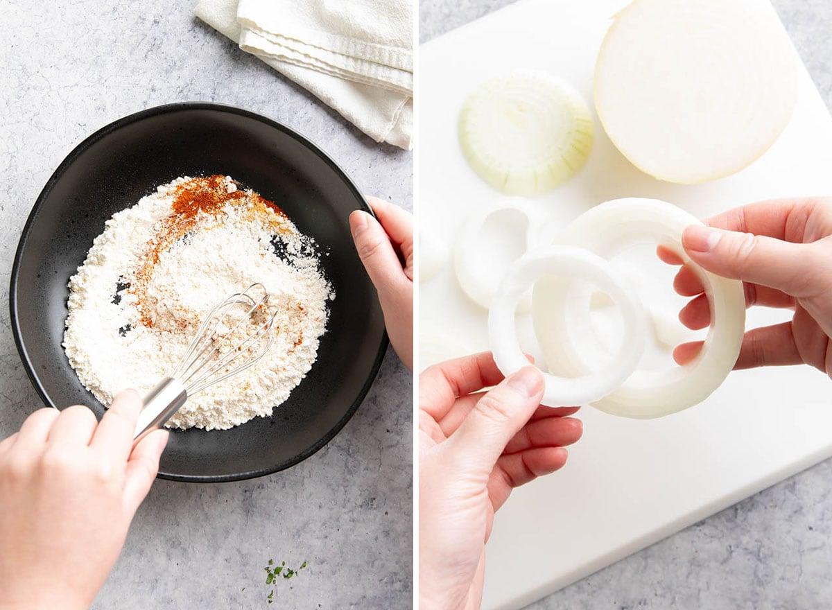 **Selbstgemachte Heißluftfritteusen-Zwiebelringe** 4 Geschnittene Zwiebeln in Ringe trennen und trockenen Teig verrühren