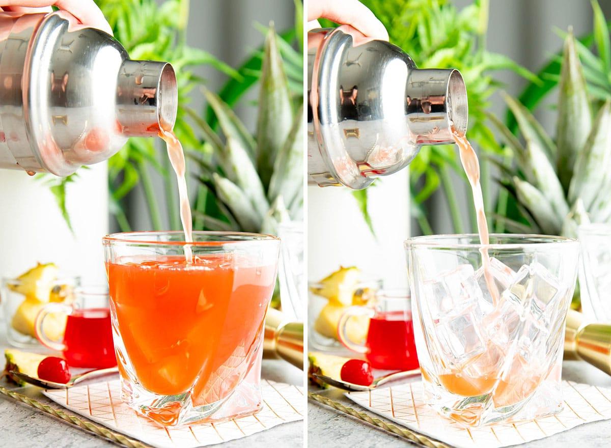 Dschungelvogel Cocktail 4 Zwei Fotos zeigen, wie man einen Jungle Bird Cocktail zubereitet – die Mischung aus dem Cocktail-Shaker in ein mit Eis gefülltes Glas seihen