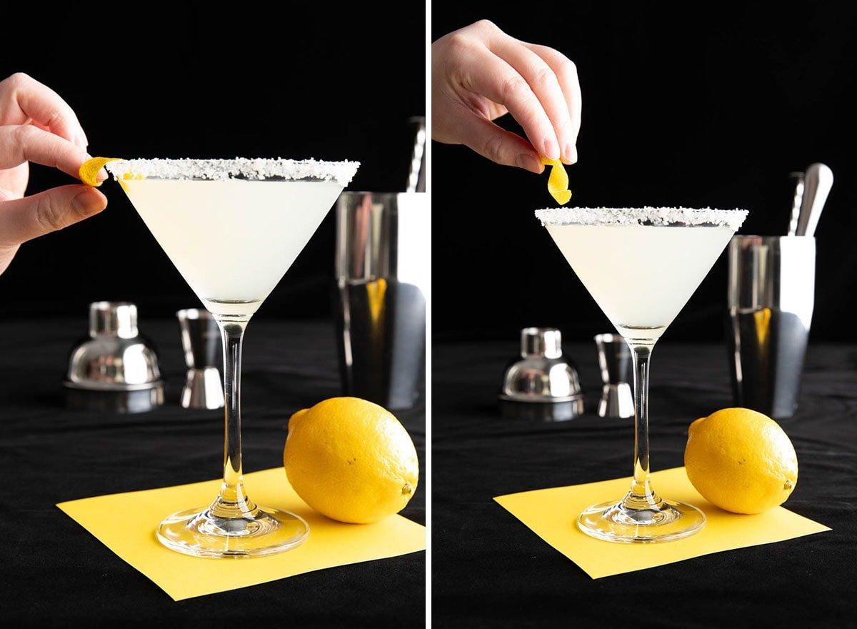 Das beste Lemon Drop Martini Rezept 5 Garnierung auf den Glasrand legen.