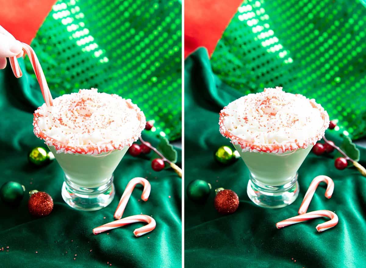 Pfefferminz-Martini 5 Zwei Fotos, die die Zubereitung dieses Cocktails zeigen – mit Garnitur