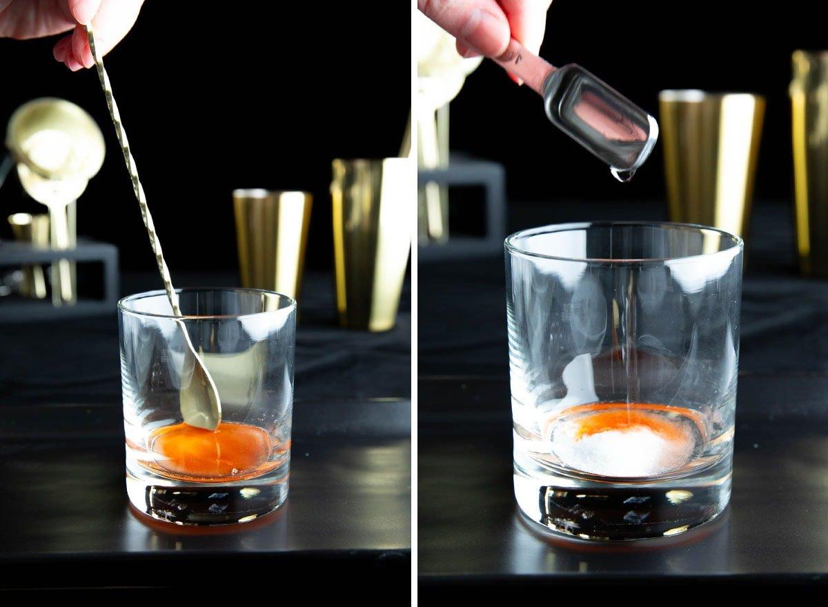 Old Fashioned Getränkerezept 5 Zwei Fotos zur Zubereitung eines Old Fashioned Cocktails: Wasser hinzufügen und mit einem Cocktail-Rührlöffel umrühren