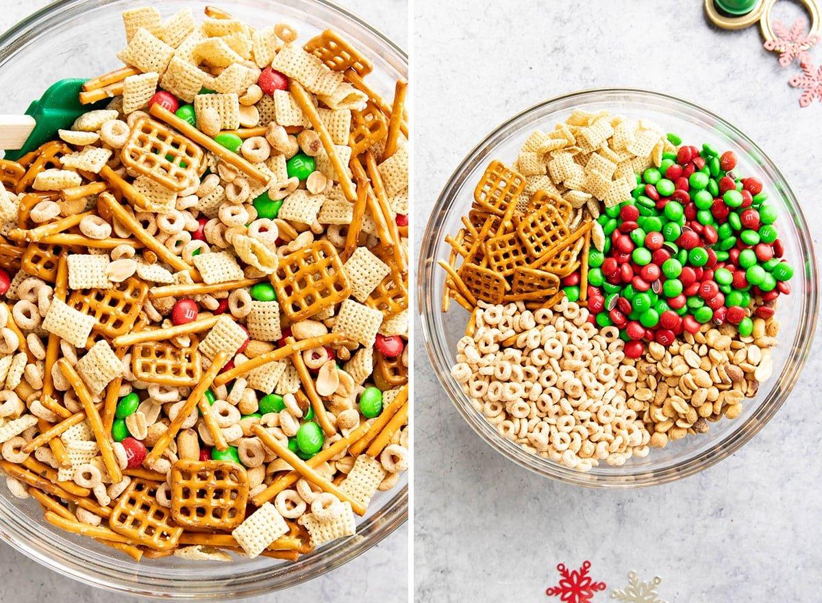 Weihnachts-Puppy Chow 5 Zwei Fotos, die zeigen, wie man Rentierfutter macht – trockenes Zutaten miteinander vermischen