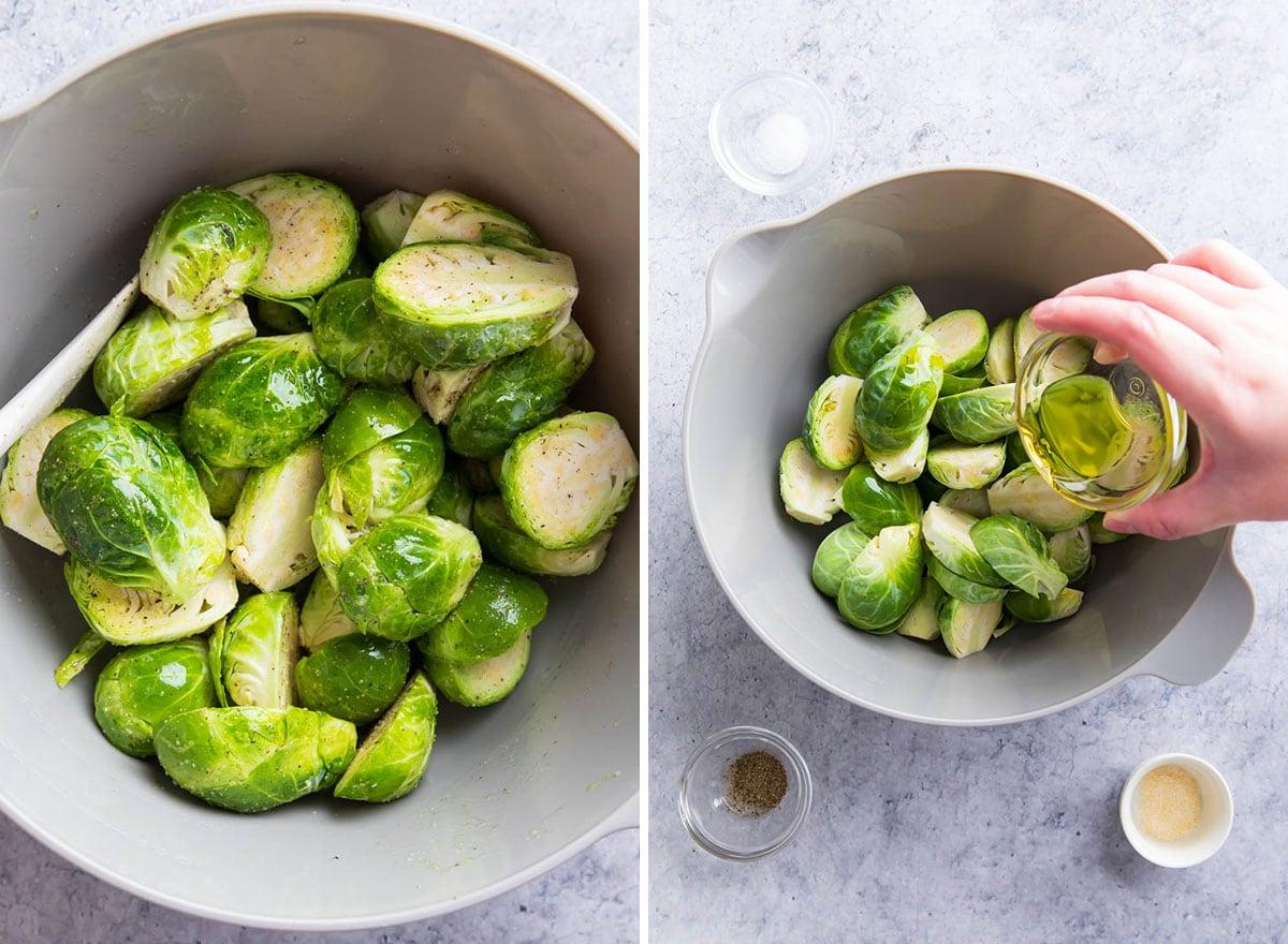 **Knuspriger Rosenkohl aus der Heißluftfritteuse Rezept** 5 Zwei Fotos, die zeigen, wie man Rosenkohl in der Heißluftfritteuse zubereitet: Mischen und Würzen von Öl und Gewürzen mit Rosenkohl