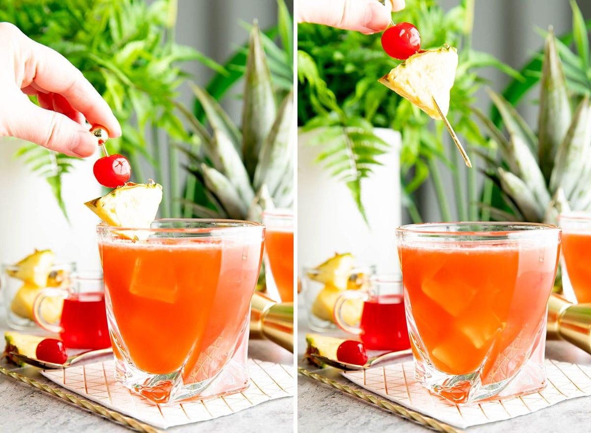 Dschungelvogel Cocktail 5 Zwei Fotos zeigen, wie man einen Jungle Bird Cocktail zubereitet – eine Ananas-Kirsch-Garnitur hinzufügen