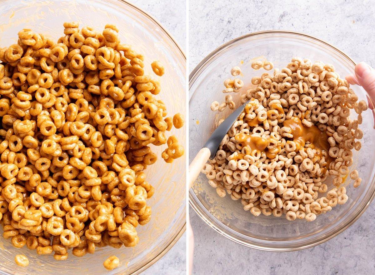 Müsliriegel Rezept – Gesund & Einfach! 6 Zwei Fotos zeigen die Zubereitung von Müsliriegeln – Müsli wird in die Rührschüssel gegeben und zum Überziehen gefaltet
