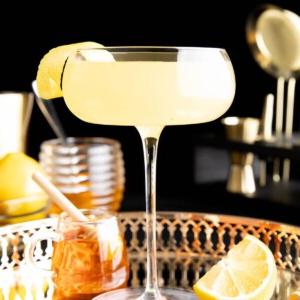 Bienenkniee-Cocktail 6 Ein Bee's Knees Cocktail in einem Glas mit Zitronengarnitur