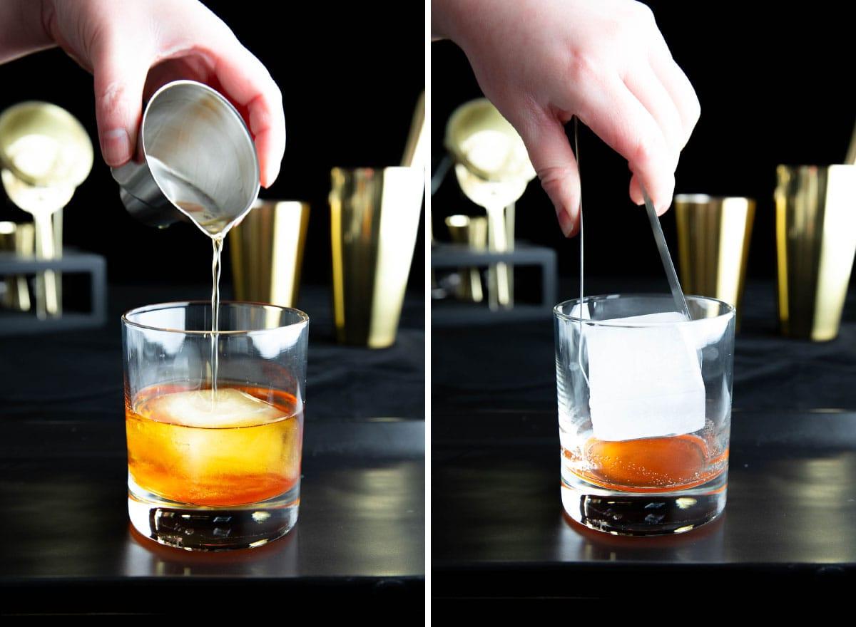 Old Fashioned Getränkerezept 6 Zwei Fotos zur Zubereitung eines Old Fashioned Cocktails: Eiswürfel ins Glas fallen lassen und Whiskey hinzufügen