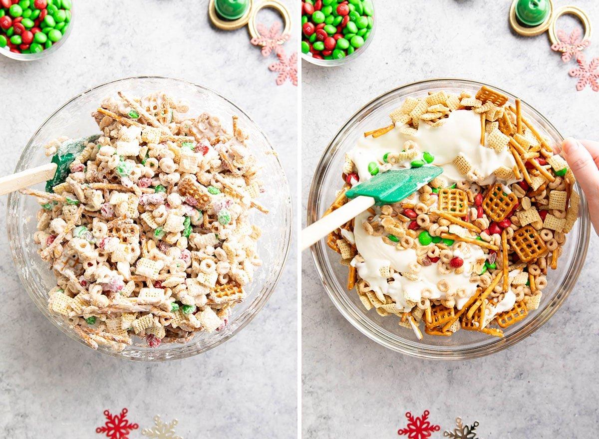 Weihnachts-Puppy Chow 6 Zwei Fotos, die zeigen, wie man Rentierfutter macht – trockenes Mischung mit weißer Schokolade verrühren und überziehen