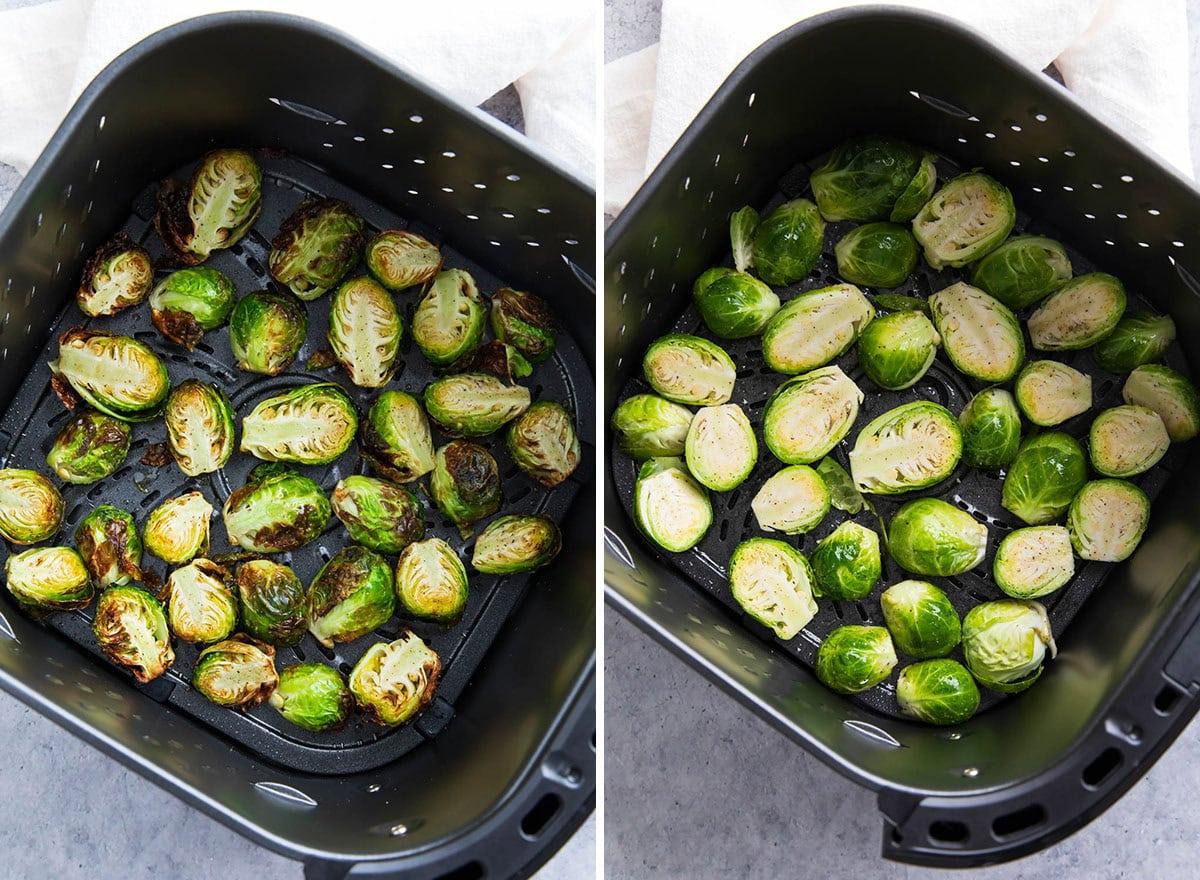 **Knuspriger Rosenkohl aus der Heißluftfritteuse Rezept** 6 Zwei Fotos, die zeigen, wie man dieses Gemüsegericht zubereitet – vor und nach dem Kochen