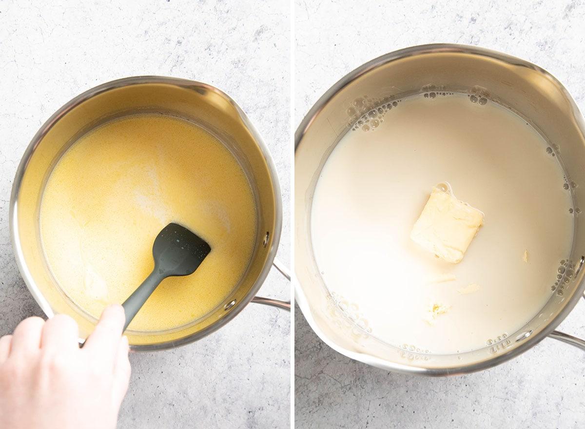 Veganes Kartoffelpüree (Milchfrei) 6 Zwei Fotos, die zeigen, wie man milchfreies Kartoffelpüree zubereitet – Erhitzen von veganer Butter und pflanzlicher Milch zur Flüssigkeitsmischung