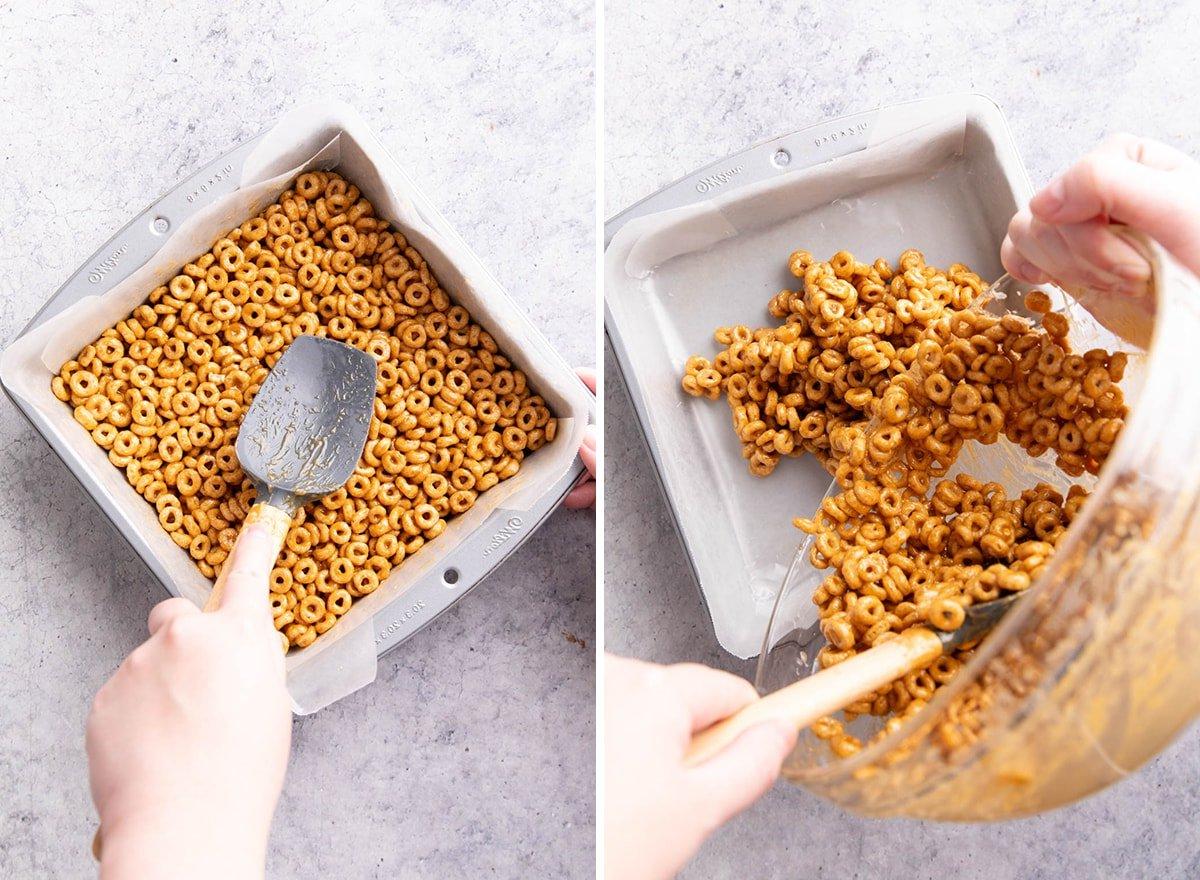 Müsliriegel Rezept – Gesund & Einfach! 7 Zwei Fotos zeigen die Zubereitung dieses Frühstücksrezepts – Mischung wird in die ausgelegte Form gegossen und zu einer gleichmäßigen Schicht geglättet