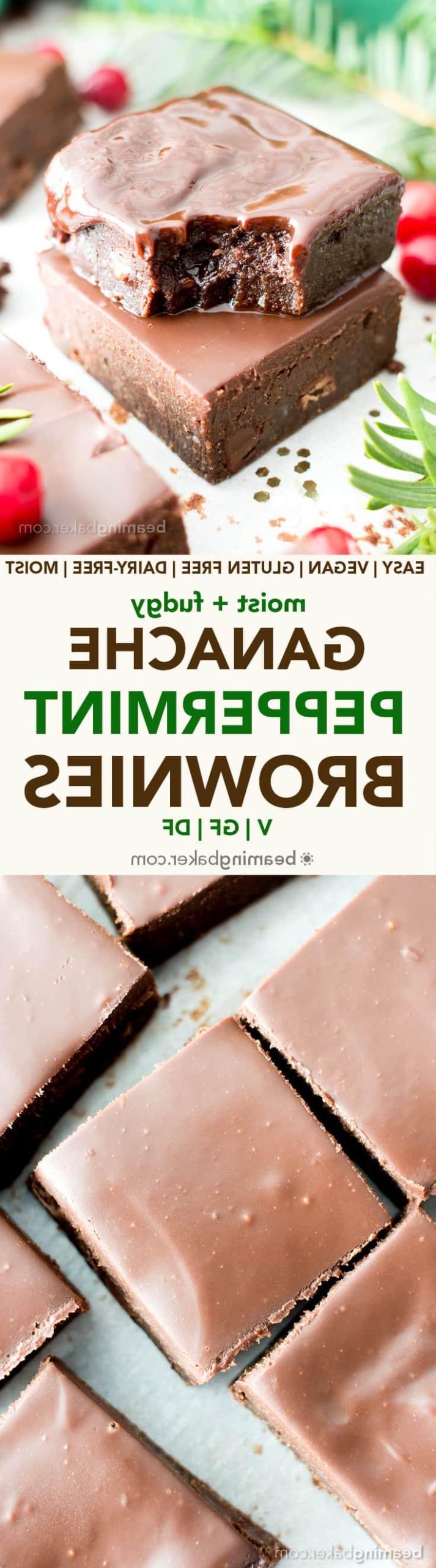Saftige & Fudgy Ganache Pfefferminz-Brownies Rezept (V, GF): Ein einfaches Rezept für unwiderstehlich schokoladige, kühle Minz-Brownies, gekrönt mit einer seidig-glatten Schokoladen-Ganache, zubereitet mit gesunden Zutaten. Dieses #Veganen #Glutenfreien #Milchfreien #GesundenFeiertagsdessert ist perfekt zum Teilen oder selbst Genießen. | Rezept auf BeamingBaker.com