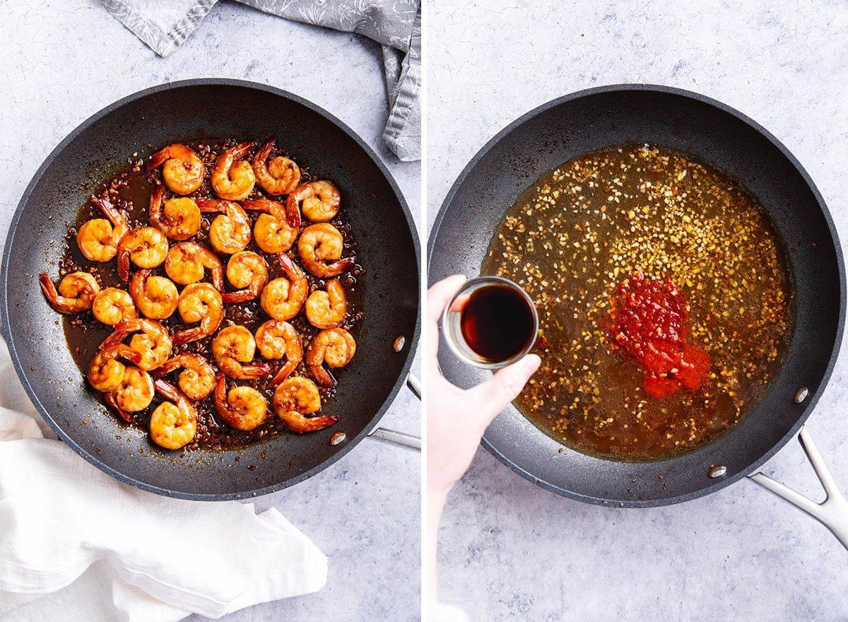 Zwei Fotos, die zeigen, wie man asiatische Knoblauchgarnelen zubereitet – die Sauce kochen und die Garnelen hinzufügen, um sie vollständig zu garen.