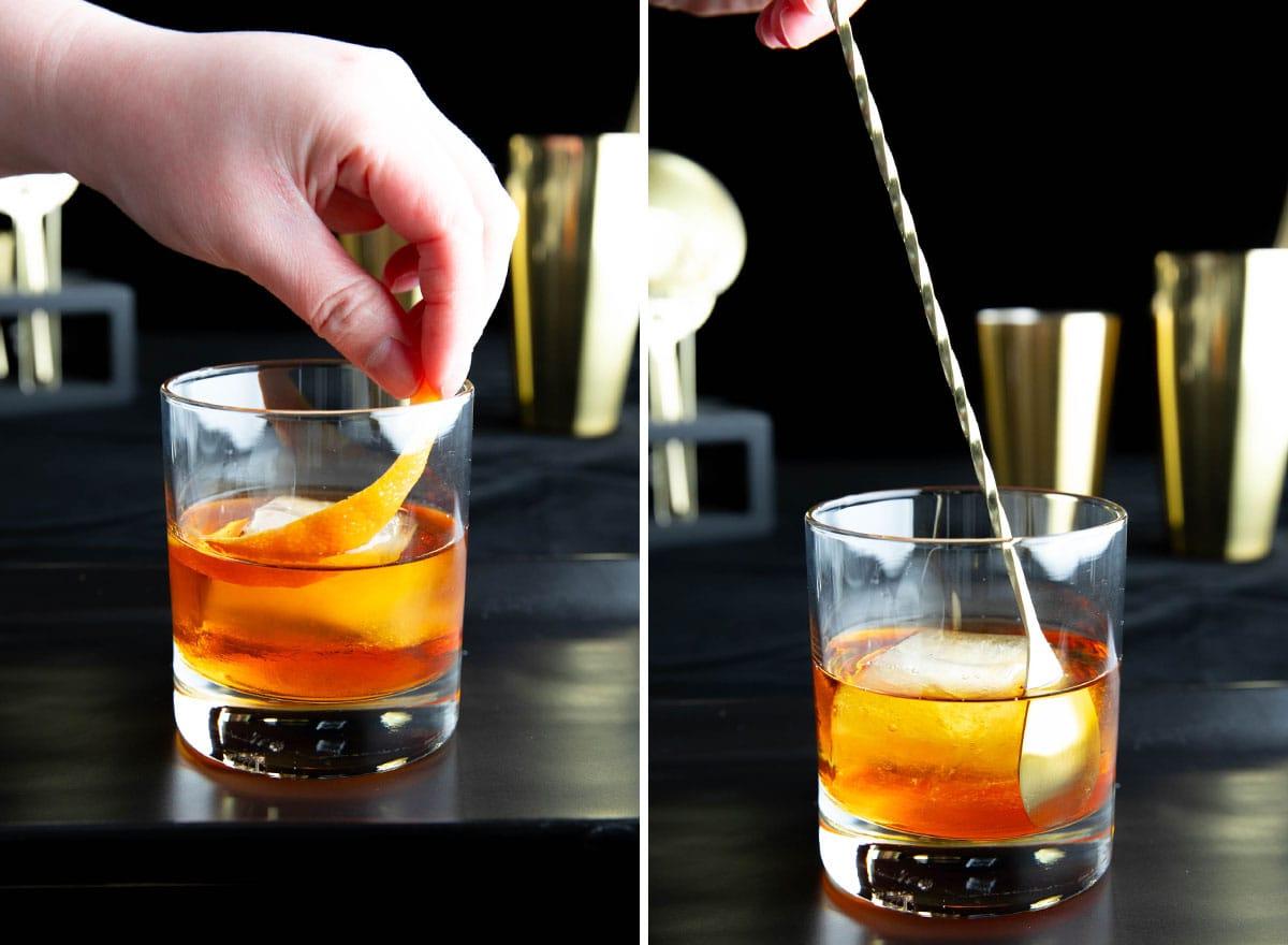 Old Fashioned Getränkerezept 7 Zwei Fotos zur Zubereitung dieses Whiskey-Cocktails: den Cocktail rühren und Garnitur hinzufügen