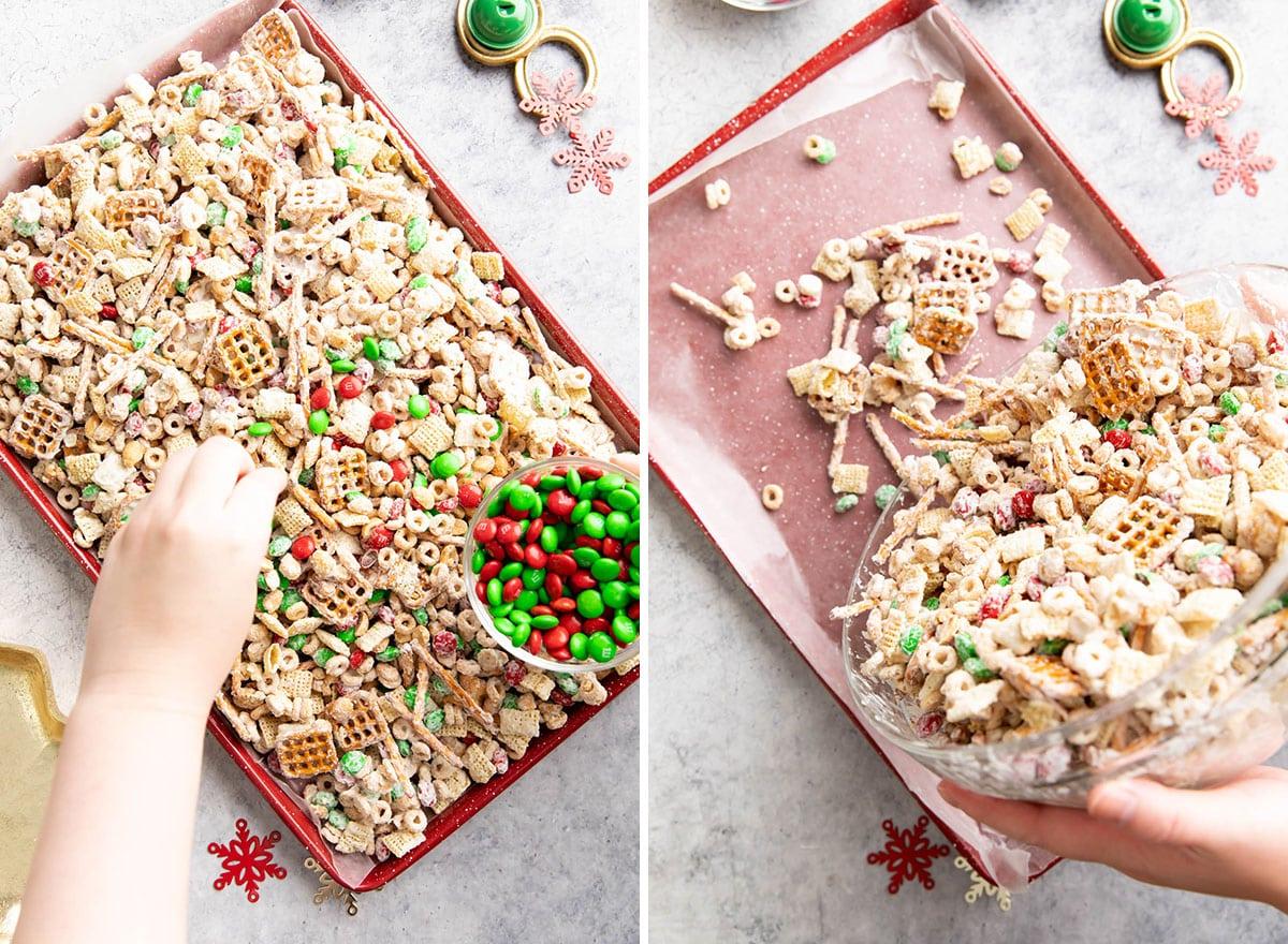 Weihnachts-Puppy Chow 7 Zwei Fotos, die zeigen, wie man dieses Weihnachtliche Rentierfutter macht – auf das ausgelegte Backblech gießen zum Abkühlen und Aushärten und rote und grüne M&Ms hinzufügen