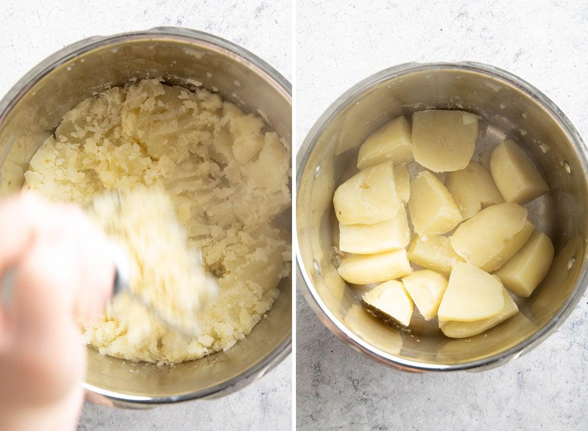 Veganes Kartoffelpüree (Milchfrei) 7 Zwei Fotos, die zeigen, wie man dieses Thanksgiving-Beilagenrezept zubereitet – Kochen und Stampfen der Zutaten