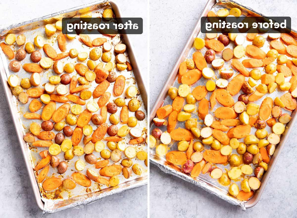 Ofenkartoffeln und Karotten 7 Zwei Fotos, die dieses Rezept zeigen – vor und nach dem Backen.