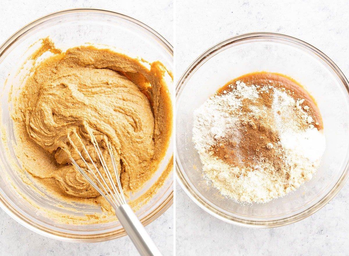 Veganer glutenfreier Kürbis-Streuselkuchen (Gesund) 7 Zwei Fotos, die zeigen, wie man dieses vegane glutenfreie Kürbisrezept zubereitet – trockene und feuchte Zutaten zu Kuchenteig vermischen.