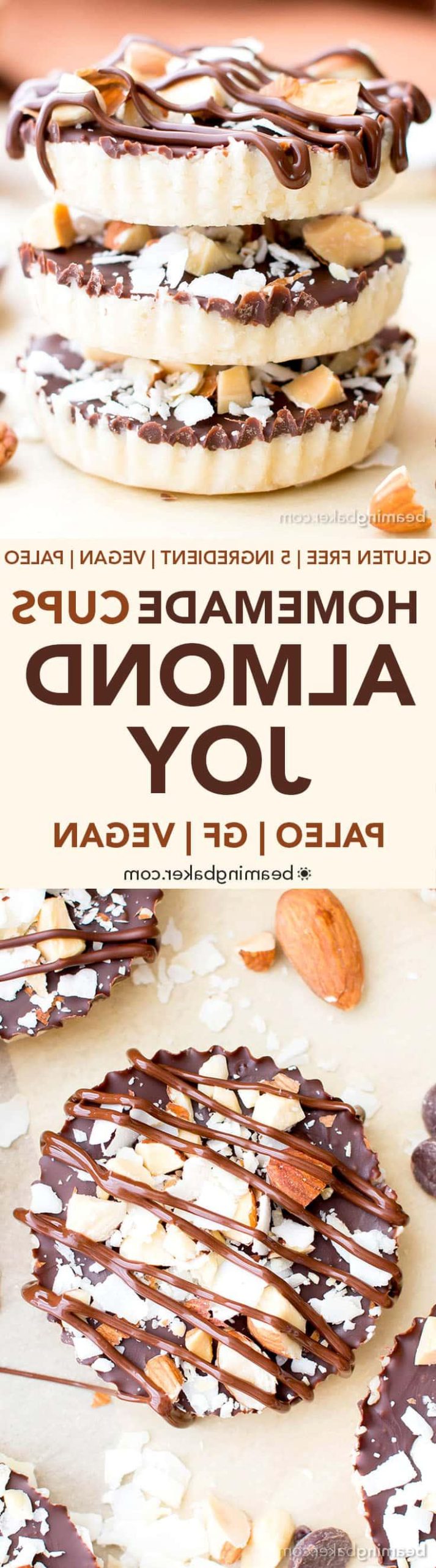 Selbstgemachte Almond Joy Cups (Paleo, Vegan, Glutenfrei): Ein 5-Zutaten-Rezept für reichhaltige, nussige Almond Joy Cups, geschichtet in samtiger Schokolade. #Paleo #Vegan #Glutenfrei #5Zutaten | BeamingBaker.com