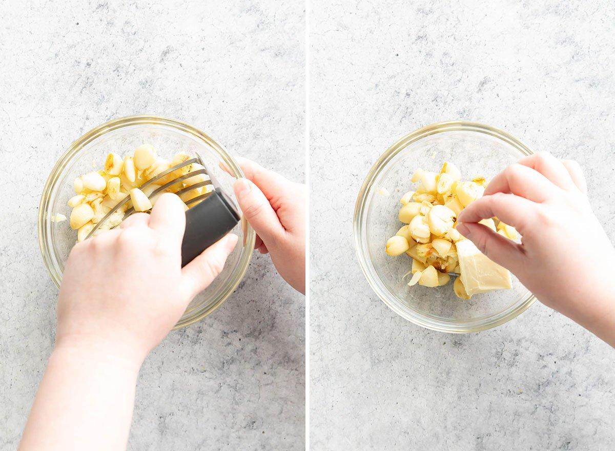 Geröstetes Knoblauchbrot {Hausgemachtes Rezept} 8 Zwei Fotos, die zeigen, wie man Knoblauchbrot mit geröstetem Knoblauch zubereitet – Knoblauchbutter herstellen
