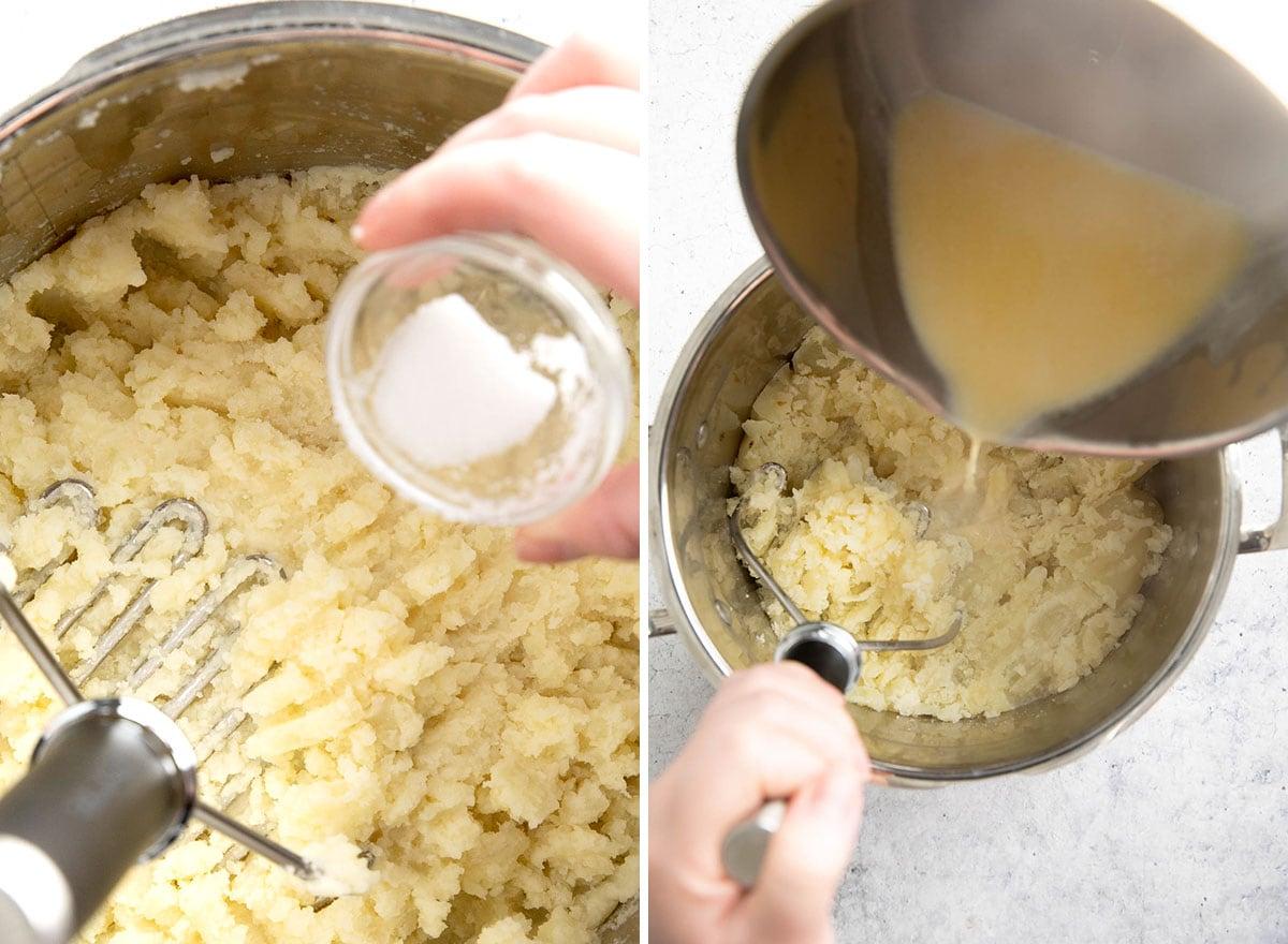 Veganes Kartoffelpüree (Milchfrei) 8 Zwei Fotos, die zeigen, wie man dieses Thanksgiving-Beilagenrezept zubereitet – Zugabe von veganer Butter, pflanzlicher Milch und Salz