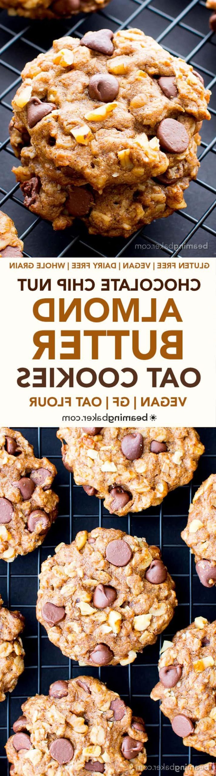 **Vegane Mandelbutter-Schokochips-Walnuss-Haferkekse (Glutenfrei, Hafermehl, Milchfrei, Vegan)** 8 Vegane Mandelbutter-Schoko-Walnuss-Haferkekse (V, GF, DF): Ein einfaches Rezept für zähe, knusprige Mandelbutter-Kekse, köstlich zubereitet mit vollwertigen Zutaten. #Vegan #Glutenfrei #Hafermehl #Laktosefrei | BeamingBaker.com