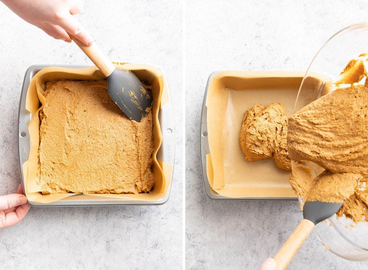 Veganer glutenfreier Kürbis-Streuselkuchen (Gesund) 8 Zwei Fotos, die zeigen, wie man dieses Dessert zubereitet – Teig aus der Rührschüssel in die ausgekleidete Form geben.