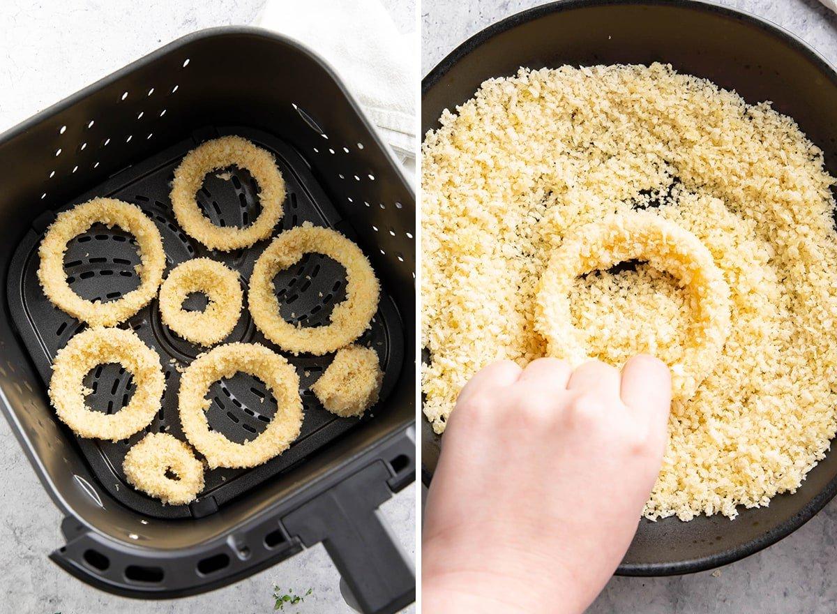**Selbstgemachte Heißluftfritteusen-Zwiebelringe** 8 Den Zwiebelring ein zweites Mal in die Eiermischung tauchen, dann beidseitig mit der Panko-Paniermehlmischung für eine dicke Panade bestreichen. Dann eine einzelne Schicht gut panierter Zwiebeln in einer einzelnen Schicht des Korbes anordnen, bereit zum Kochen.