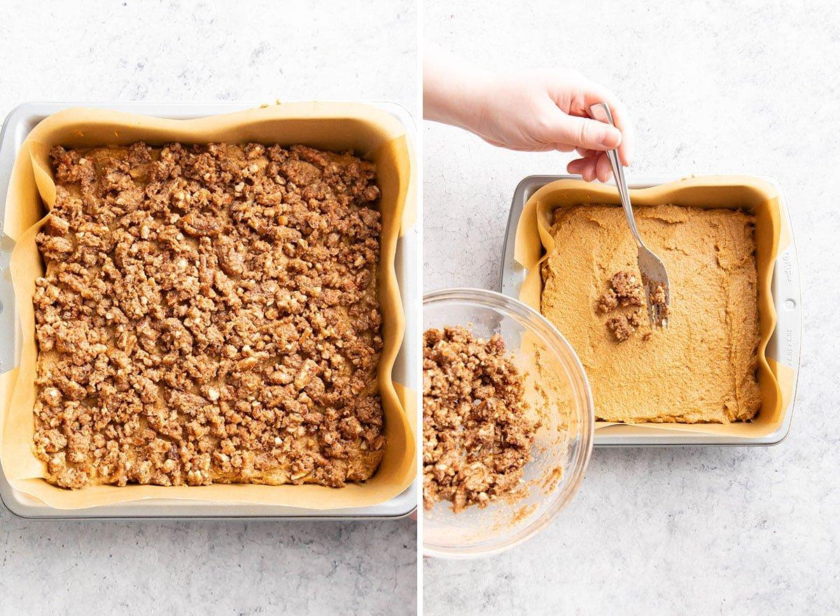 Veganer glutenfreier Kürbis-Streuselkuchen (Gesund) 9 Zwei Fotos, die zeigen, wie man dieses gesunde Dessert zubereitet – Streuseldecke über den Teig streuen.
