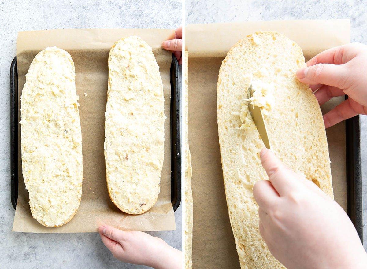 Geröstetes Knoblauchbrot {Hausgemachtes Rezept} 10 Zwei Fotos, die zeigen, wie man dieses Rezept zubereitet – die Butter verteilen
