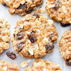 4-Zutaten No-Bake Kauschige Haferflocken-Rosinen-Cookies (Glutenfrei, Vegan, Milchfrei, Proteinreich) 8 4-Zutaten-Haferflocken-Rosinen-Cookies ohne Backen (Vegan, Glutenfrei): Ein einfaches Rezept für herrlich zähe, ungebackene Kekse voller Rosinen- und Zimtgeschmack! #Vegan #Glutenfrei #Milchfrei #Kekse #OhneBacken #Dessert | Rezept auf BeamingBaker.com