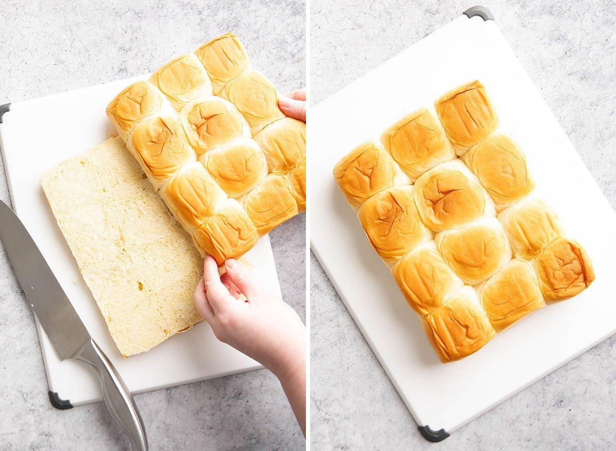 **Pizza-Brötchen** 4 Zwei Fotos, die zeigen, wie man Pizza Sliders zubereitet – das Schneiden der Dinner Rolls