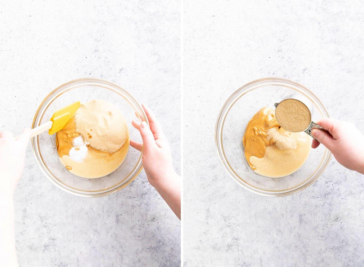 Keto Erdnussbutterkekse 4 Zwei Fotos, die zeigen, wie man Keto Erdnussbutter-Kekse macht – Zutaten in die Rührschüssel messen und verrühren