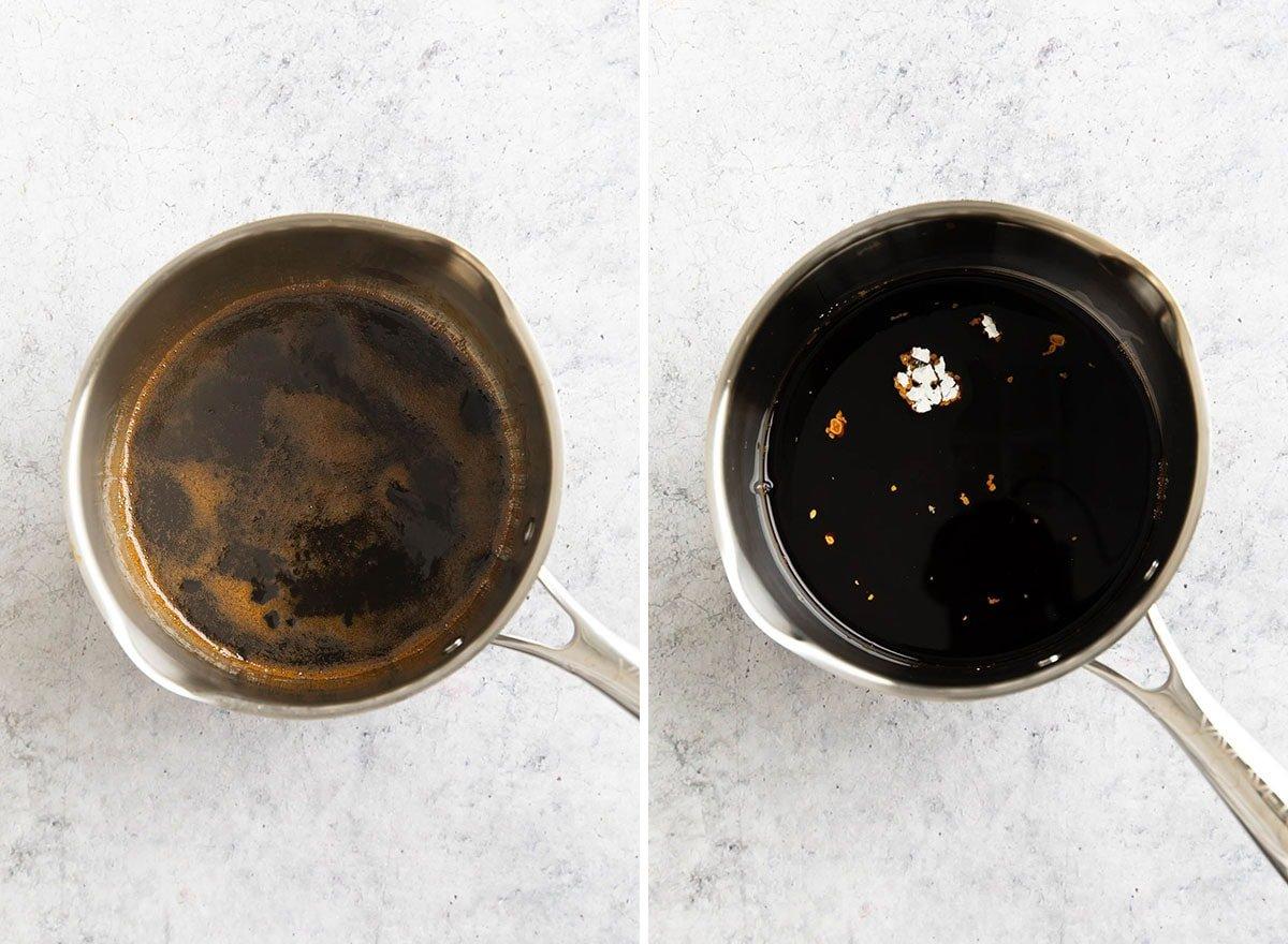 Aalsaucen-Rezept (Unagi-Sauce) 4 Zwei Fotos, die zeigen, wie man Aalsoße macht - Sojasauce, Zucker, Mirin und Maisstärke in einem Topf, dann mit Blasen vom Kochen und Köcheln in der Pfanne.