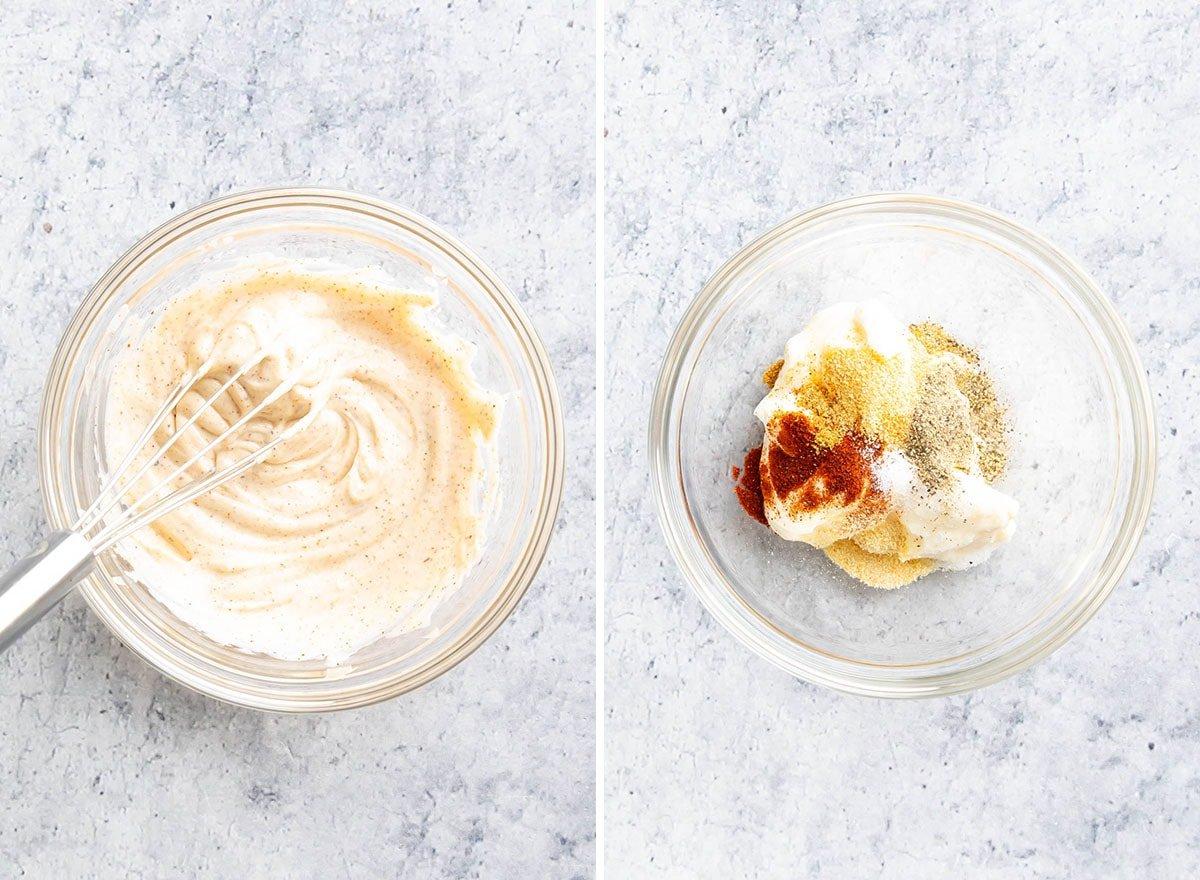 Chipotle Aioli 4 Eine Küchenszene, in der ein Schneebesen verwendet wird, um die cremigen Zutaten für die hausgemachte Chipotle-Aioli-Soße in einer hellen Schüssel zu vermischen und zu emulgieren