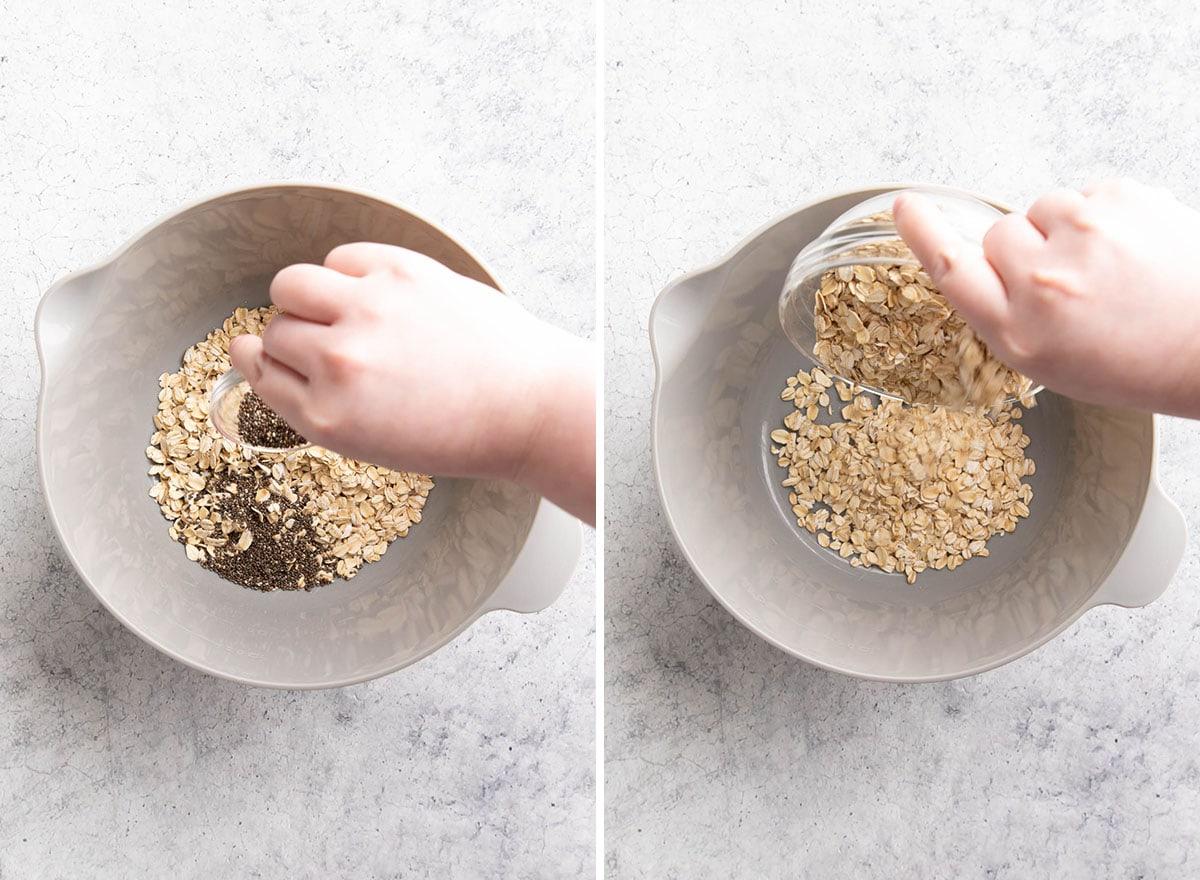 Zwei Fotos, die zeigen, wie man Kürbis Overnight Oats zubereitet – Haferflocken und Chiasamen in eine Rührschüssel geben