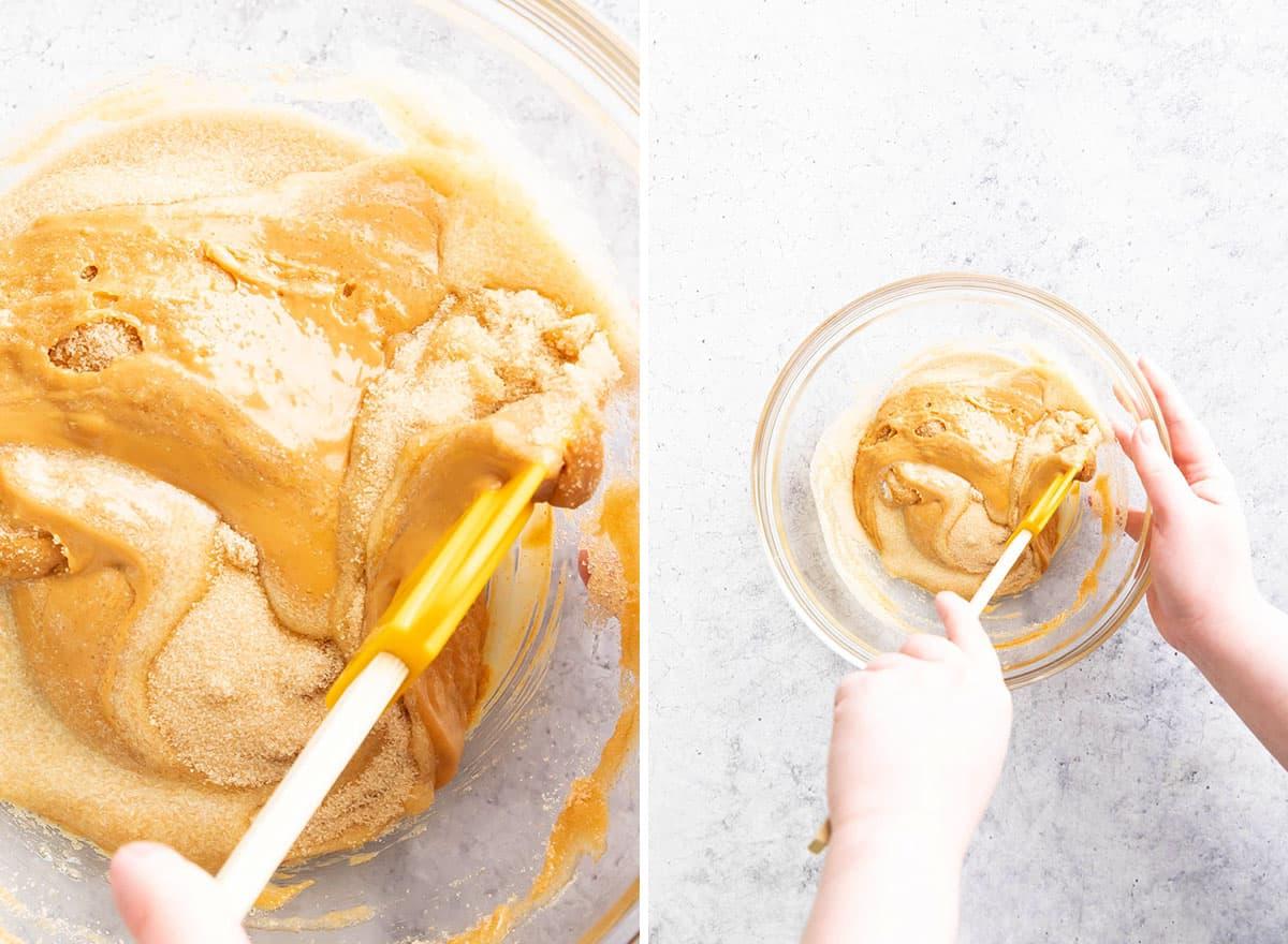 Keto Erdnussbutterkekse 5 Zwei Fotos, die zeigen, wie man Keto Erdnussbutter-Kekse macht – Zutaten zusammenfalten