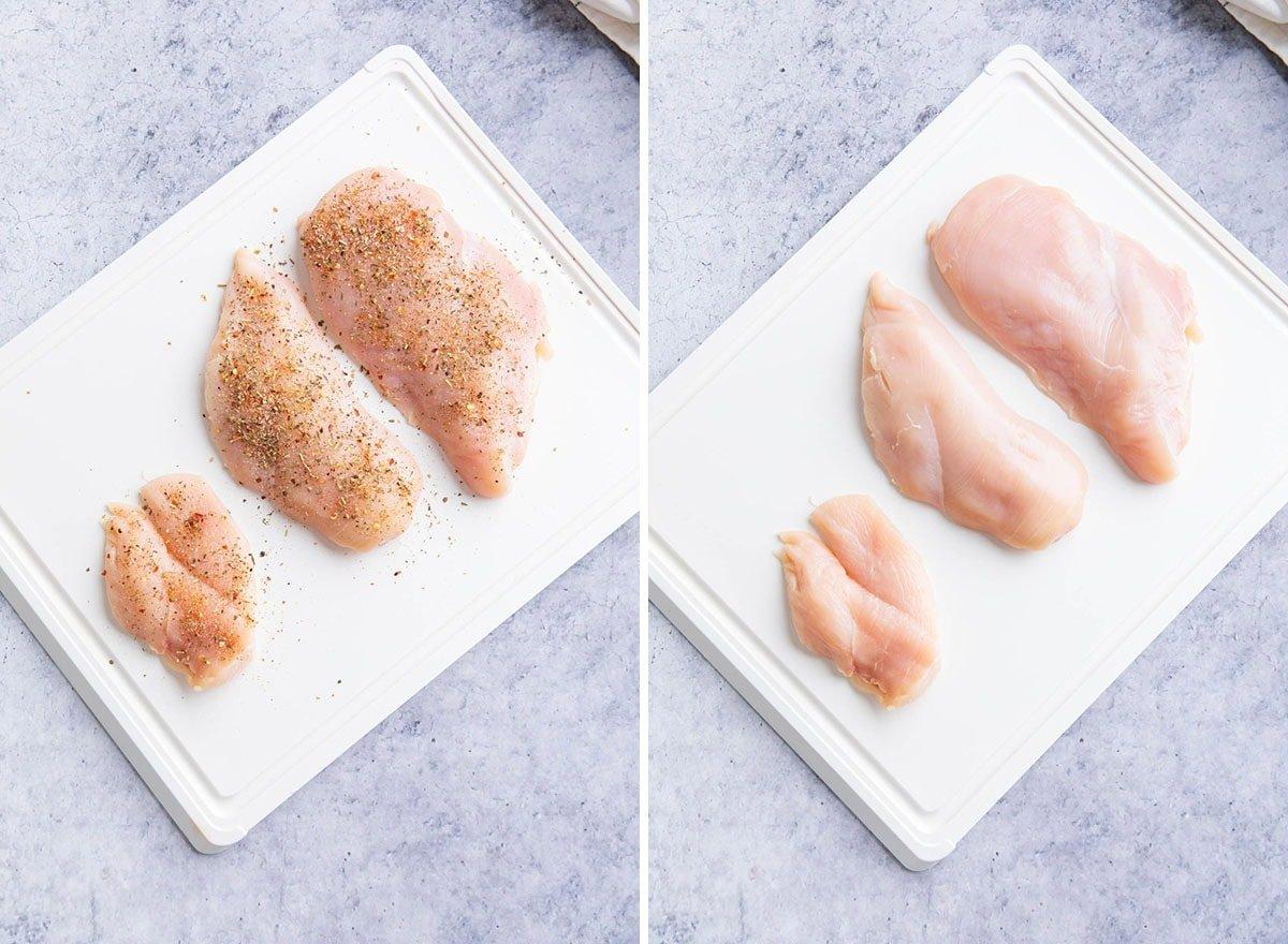 Leckeres Hähnchen-Fettuccine-Alfredo-Rezept 5 Zwei Fotos, die zeigen, wie man Hähnchen Fettuccine Alfredo zubereitet – Würzen von Hähnchenbrustschnitzeln auf einem Schneidebrett.