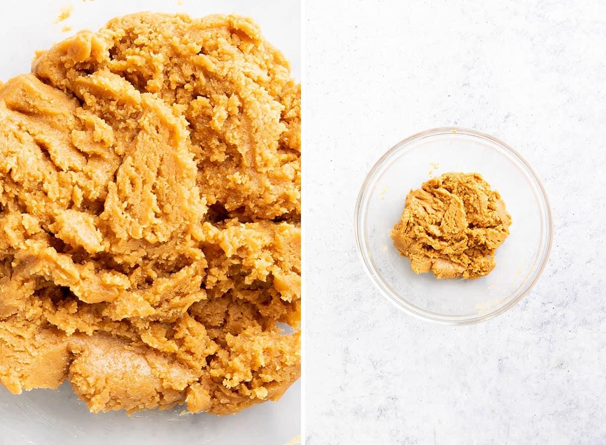 Keto Erdnussbutterkekse 6 Zwei Fotos, die zeigen, wie man dieses Rezept macht – Teig in der Rührschüssel